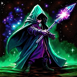 hooded sage with galaxy stars instead of face holding metal scepter in crystal castle 90's tcg art