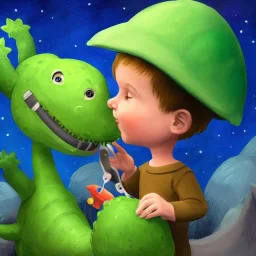 1yo little szymon is on safari onthe moon. petting a green dinosaur. he has big binoculars and a funny hat. High detailed. Cinematic. Digital painting. Warm lights.