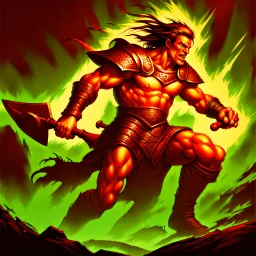 90's TCG art retro fantasy art of a male warrior charging with axe