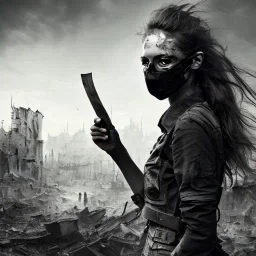 women, faces covered in black masks, ragged clothes, holding flag, war-torn, destroyed city in the background, 8k resolution, hyperrealistic, detailed matte painting, b&w, dynamic lighting, war, anarchy, terrorists