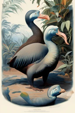 John James Audubon-like illustration of a fully uncropped Dodo bird and a Platypus in a landscape of warm yellows, warm reds, and warm blues