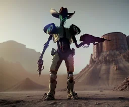 Alien, mech, vest, jellyfishsombrero, metal, holding gun, steel hands, strong, chest plate, holding rifle, pauldrons, pressurized cowboy boots, radium, sleeved, vibroblade