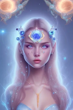 cosmic girl belle fine , yeux bleu, long cheveux etoilé cristaux sur le corps, collier dde grande princesse