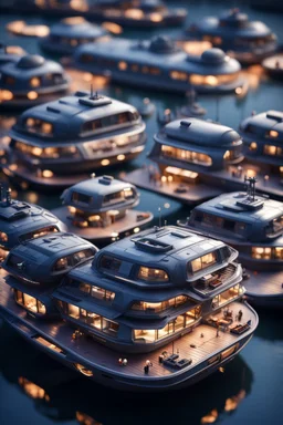 a few modular house boats that looks like a dark twisted alien space ship in advanced hi tech dock, bokeh like f/0.8, tilt-shift lens 8k, high detail, smooth render, down-light, unreal engine, prize winning