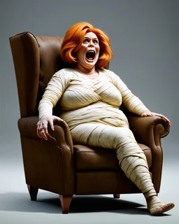 a chubby decrepit realistic mummy, orange hair, leaned over in a brown chair, mouth open
