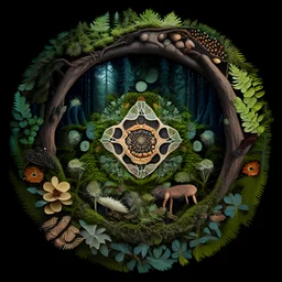 realistic image like a photo of mandala with forest, muschrooms, roots, trees, ferns, animals