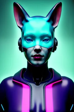 Medium Close Up Portrait, Front image. cyberpunk, rabbit mask, Italian woman, pink hair. latex, glossy suit. Cyan, black, pink, color. Ghost in the shell style. Color background, photo studio. Neon, Led lights, Avatar image, highly detailed, concept art, smooth, unreal engine 5, god rays, ray tracing, RTX, lumen lighting, ultra detail, volumetric lighting, 3d, finely drawn, high definition, high resolution.