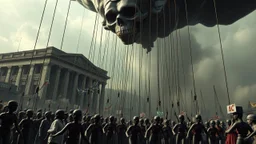 a corrupt government looms above, pulling the strings of hundreds of marionettes below it, the news media broadcasts the marionettes' suffering everywhere, dystopian, horror