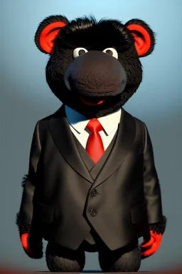 Waist up muppet Portrait, Kim Jong-un as muppet doll, black suit, photo studio, red background, unreal engine 5, concept art, art station, god lights, ray tracing, RTX, lumen lighting, ultra detail, volumetric lighting, 3d.