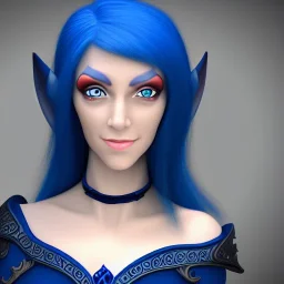 dungeons and dragons character, female half-elven sorcerer wearing a blue dress with long black hair and dark blue eyes, smiling, attractive face, close-up, realistic