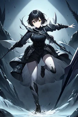 Anime girl with short black hair and sharp green eyes holding a sinister spear, full body black and white metal plate armour, full body shot, Dark lighting,1woman, soaked in blood,Warrior