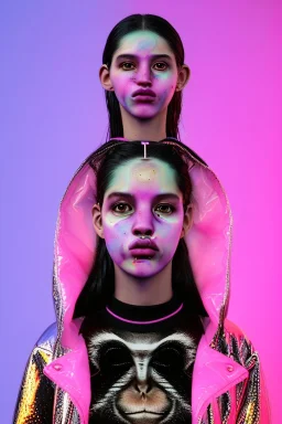 Ultra Realistic image, Rosalía artist, portrait, normal complexion, waist up portrait, two monkeys hair ,black eye long line, sweet face, t-shirt with holes, inflatable open coat, gold pink and blue style, spray glow make up, big geometric led jewelry, fog, hot, inflatable style latex coat, vibrant color, highly detailed, art stations, concept art, smooth, unreal engine 5, god rays, ray tracing, RTX, lumen lighting, ultra detail, volumetric lighting, 3d, finely drawn, high definition.