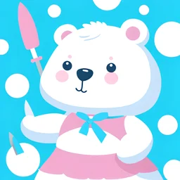 a white bear with rosy cheeks, a pink bow behind its head and wearing a cyan blue dress with two white circles, holding a kitchen knife