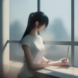 female student studying by the window, anime style, unreal engine 5, sun light, studio lighting --ar 1:1 --v 4