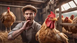 Hyper Realistic a chicken is beating a handsome-young-farmer from its beak inside a chicken coop with scared expressions on farmer's face few haystacks behind & feathers whirling dramatic & cinematic ambiance