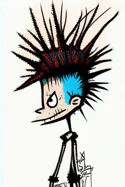 2d drawing of a stickman, cool with punk hair, x eyes like hangman, back side view,smiling,close-up ,3d realistic in colour