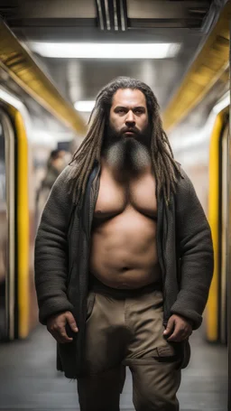 full figure photography of an ugly dirty gipsy burly muscular chubby stocky strong man 31 years old with raided beard, dreadlocks, manly chest, hairy , ajar mouth, photorealistic ,shirtless, bulging shorts, side light, inside a crowded subway station , neon lights