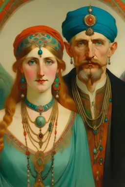 Portrait of Polish woman in turban with jewellery and with guy from Pakistan on her head painted according to style of Alfred Mucha