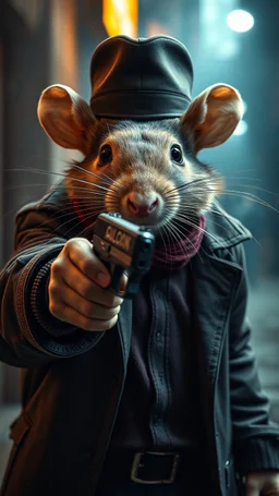 a rat gangster with a hat holding a gun toward you , realistic , pro photography , high quality, and cinematic scene