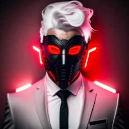 glowing Red eyes, mask, Male, portrait, Dark tactical suit, white hair