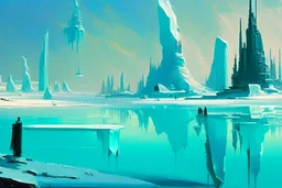 ice, lagoon, seashore, distant futuristic city, epic, sci-fi, edouard manet painting