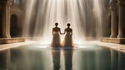 sunlight, sparkling fountains, recreation, relaxation, luxury, magnificent, showers, glistening water spray, people, dream world, calm beauty, symmetry, fantasy world, magic, splendor, uplifting, inspiring, therapeutic, chiaroscuro, color, award-winning colour photograph, beautiful composition, exquisite detail, Nikon 135mm