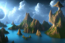 Clouds, cliff and lagoon, science fiction landscape