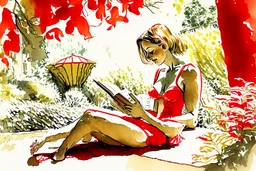 woman in red swimsuit reading a book in a beautiful garden in sunshine style Vittorio Giardino, stylized pen drawing and watercolor