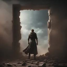 A pretty hero breaks through the wall and comes out with a crackling wall and flying dust, HD, Hi-Res, Aesthetic Realism, 8k, Cinematic,