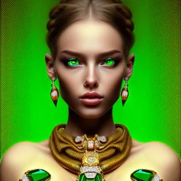 fullbody portrait of beautiful booty young busty atletic amazon woman with big green emerald eyes crying gold with big emeralds necklace by Gustav Klimt 8k