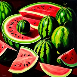 Still life oil painting depicting multiple vibrant watermelons against a dark toned background from a distance. Ripe and juicy, sliced open in several patterns, rich red interior visible, seeds visible, glossy texture, fresh green stems, contrasting bright colors, tropical fruit setting, artistic interpretation, detailed realism, bright colorful palette and paint texture, natural light, high resolution, Showcase texture and detail, by botanical painter. Blurred outlines.Looks delicious. Modifier