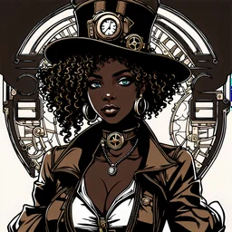 Bad ass curly haired dark skinned woman with a hat in Steampunk manga style