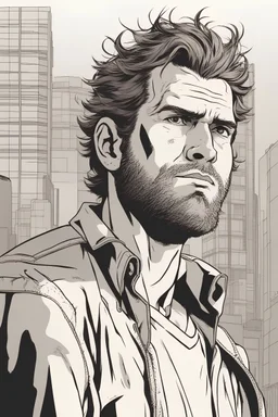 man with scruffy hair, stubble and a judgmental look on his face comic book style