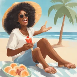 Portrait of black woman enjoying popsicle, enjoying the sun. She's at the beach with turtles and baby crab