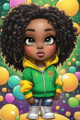 Create an colorful psychedelic comic book illustration of a chibi cartoon black female thick curvy wearing a cut of green, yellow and white hoodie and white jeans and timberland boots. Prominent make up with long lashes and hazel eyes. Highly detailed shiny sister locs. Background of a large bubbles all around her