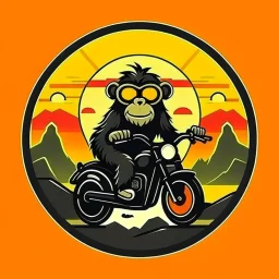 Monkey riding a mopped motorcycle with sunglasses and a big smile, have a mountain sunset on the background, make a round logo