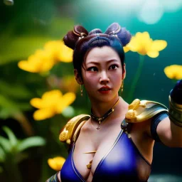 Chun-li underwater with yellow flowers for hair, closed eyes, rtx, reflection, 8k, glow, winning photography, caustics