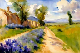 Sunny day, clouds, dirt road, flowers, mountains, big rocks, trees, sci-fi, john singer sargent watercolor paintings