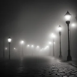 Street night emptiness lanterns fog
