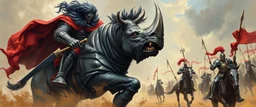 knights and lances tournament, horses hit hard, oil and airbrush, epic fantasy illustration, black giant on vampire rhino with steel gauntlets, scared knights hair standing up like a clown