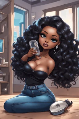 Create a futurism magna art of a black chibi curvy female sitting on the floor looking at herself in a hand mirror. She is wearing tight blue jeans and a black off the shoulder blouse. Prominent make up with lush lashes. Highly detailed long wavy hair. She is also wearing silver large hoop earringsart of a black chibi curvy female sitting on the floor looking at her cell phone. She is wearing tight blue jeans and a black off the shoulder blouse. Prominent make up with lush lashes.