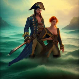 two pirate actors on beach, water, reflection, movie poster, fantasy art, misty