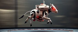 blind contour robot cow like space ship massage master guru fast moving motion blur background, jumping on trampoline