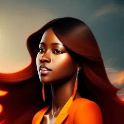 portrait, dark skin female, attractive, fiery hair, orange color theme, rage background, clear focus, high resolution