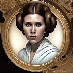 round framed complete and ultra realistic detailed head to waist portrait of young carrie fisher as Princess Leia with realistic hairstyle by Mandy Jurgens and mucha and Richard Schmid and chuck close and chie yoshii, extraordinary and detailed ceremony dress of star wars,brown eyes