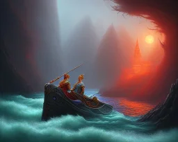 sango fantasy, fantasy magic, intricate, sharp focus, illustration, highly detailed, digital painting, concept art, matte, Greek mythology Charon ferryman in boat on river styx, sharp jagged rocks, red purple blue colours, red hot lava river