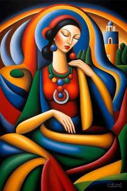 Woman, fantasy style by artist "Catherine Abel" highly detailed elegant beautiful crisp quality, colourful,by artist "Tarsila do Amaral"