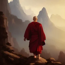 Portrait of a monk, red robe, mountain background, fog, distant temple, face front, grim, Frank Frazetta, Greg Rutkowski, hyperdetailed, dnd, trending on Artstation, Splash screen art, dynamic lighting, hyperdetailed, intricately detailed, a masterpiece, 8k resolution, high contrast, bearded,