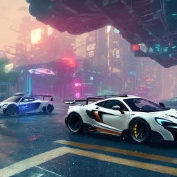 a white Mclaren 675LT in cyberpunk 2077 city in the rain