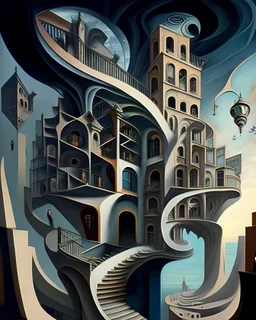 A captivating, surrealist painting of a gravity-defying, Escher-inspired building with multiple perspectives, impossible staircases, and fantastical elements that defy the laws of physics, set within a dream-like landscape.